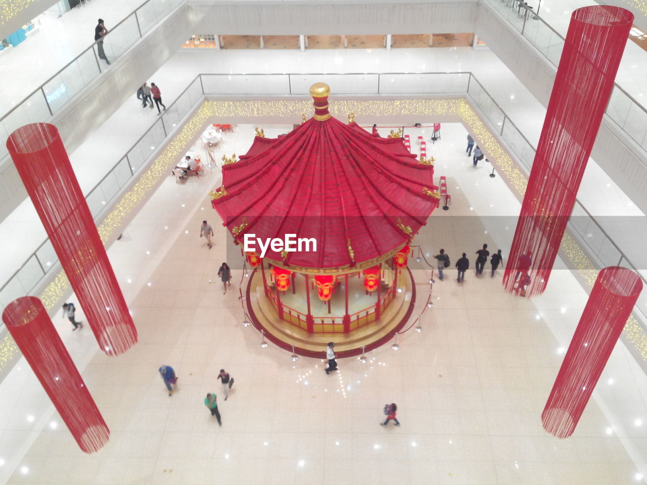 high angle view, large group of people, indoors, real people, red, men, fish-eye lens, illuminated, architecture, day, people