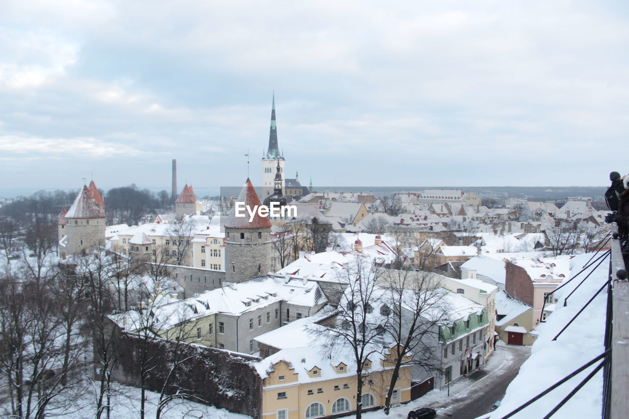 High angle view of town in winter