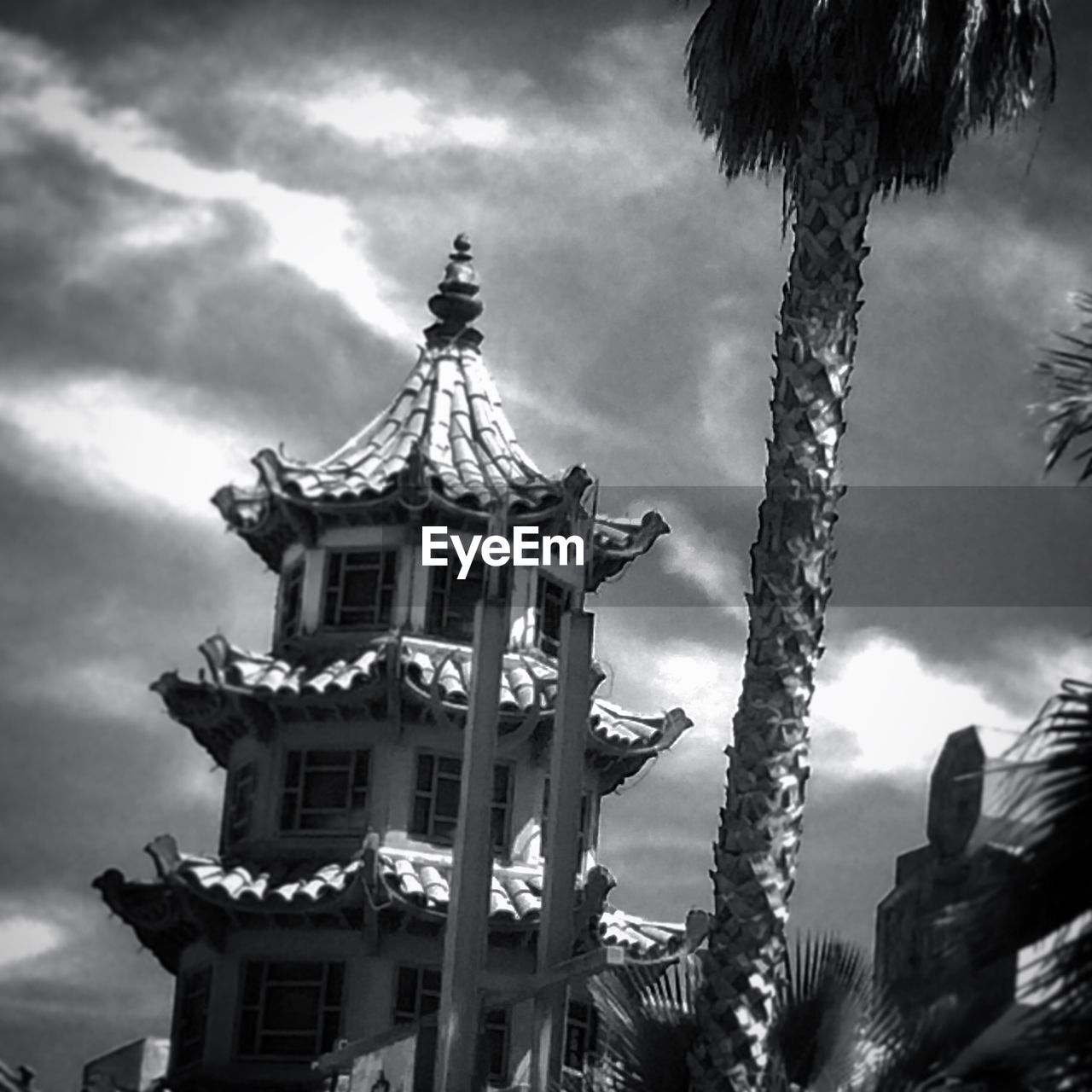 Traditional building and palm tree against sky