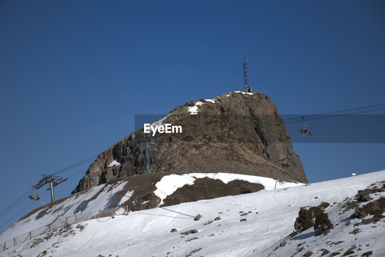 Low angle view of snowcapped mountain against clear blue sky