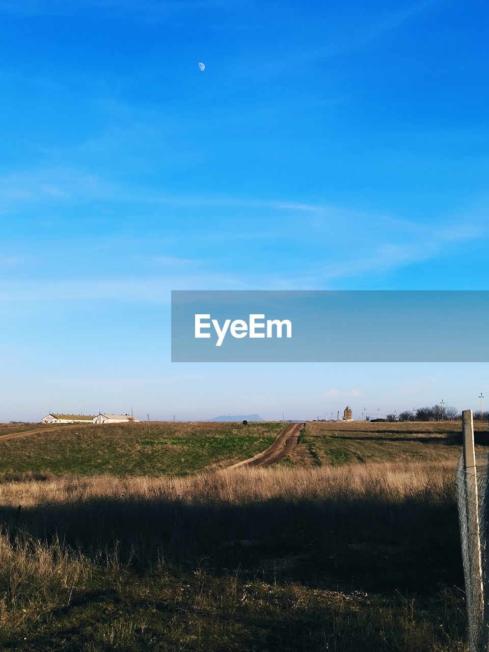 horizon, sky, landscape, nature, field, land, plant, environment, tranquility, tranquil scene, grass, scenics - nature, no people, beauty in nature, blue, morning, plain, cloud, natural environment, hill, agriculture, prairie, rural scene, growth, wind, fence, day, rural area, outdoors, farm, sunlight, sea, moon, non-urban scene, grassland, idyllic, reflection