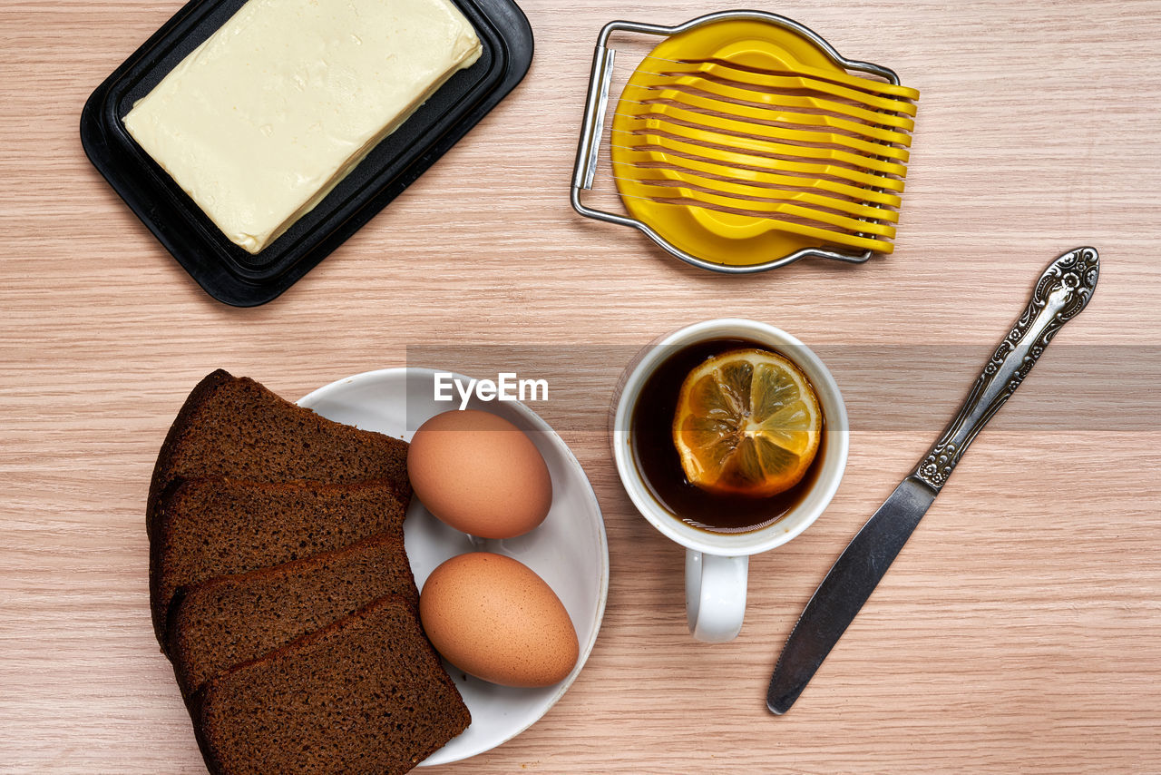 high angle view of food on wooden table