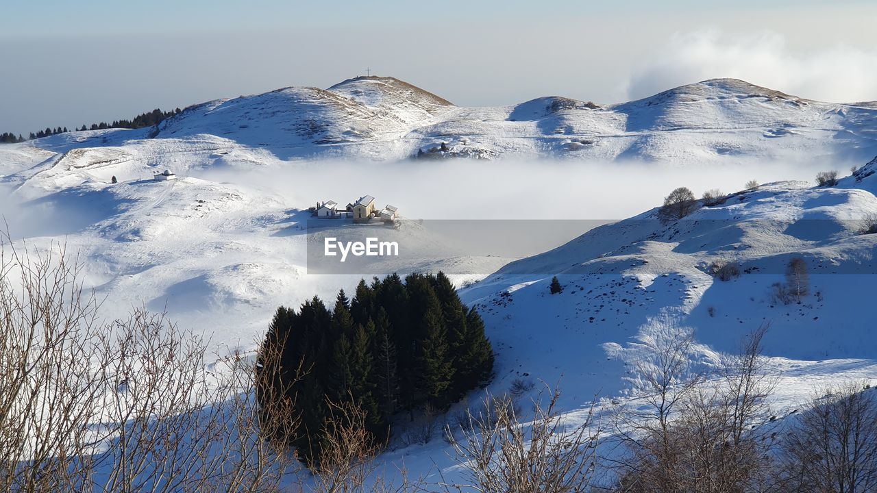 snow, winter, cold temperature, mountain, scenics - nature, beauty in nature, mountain range, environment, landscape, sky, nature, snowcapped mountain, plant, tranquility, tree, ridge, no people, tranquil scene, travel destinations, land, non-urban scene, travel, day, cloud, summit, frozen, outdoors, blue, tourism, mountain peak, wilderness, pinaceae, coniferous tree, forest, ice, idyllic