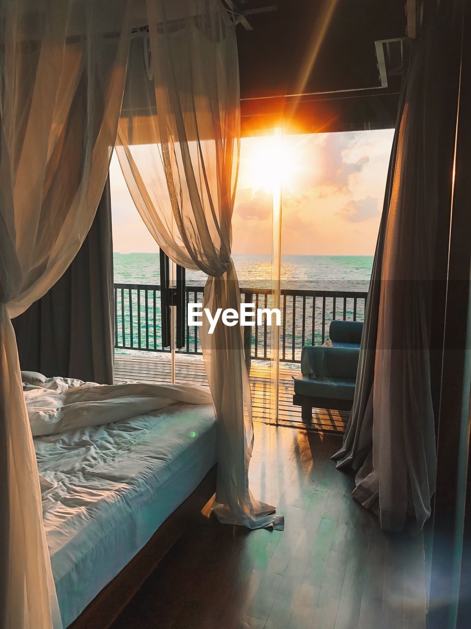 Interior of bedroom during sunset