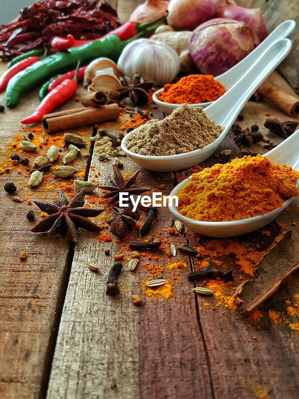 High angle view of various spices on table