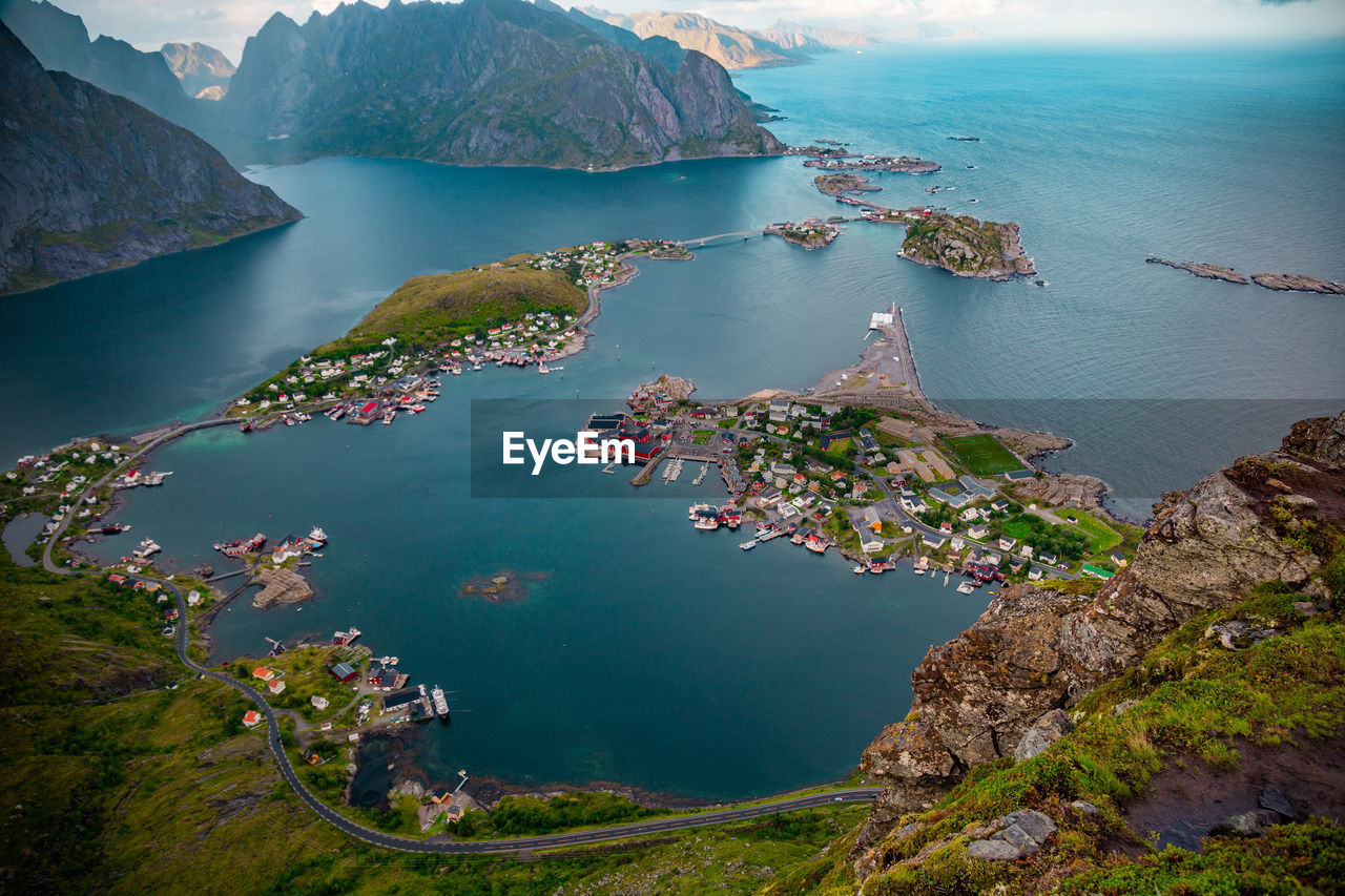 High angle view of bay and mountains, lofoten, norway