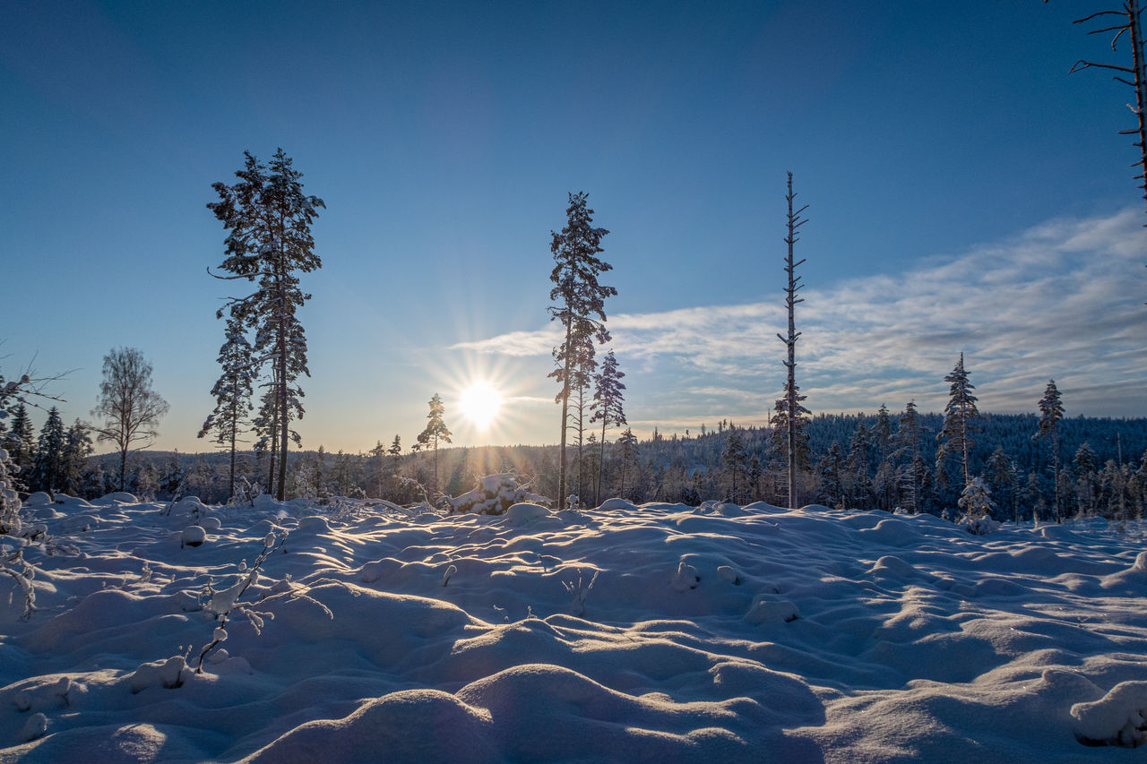 SNOW COVERED LAND AGAINST SKY DURING WINTER