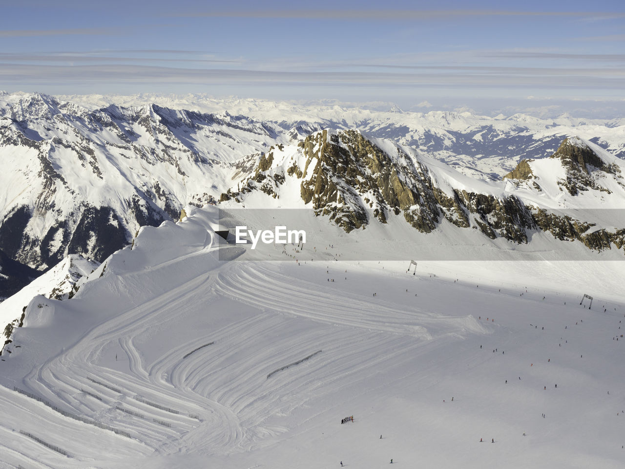 Scenic view of snow covered mountains against sky