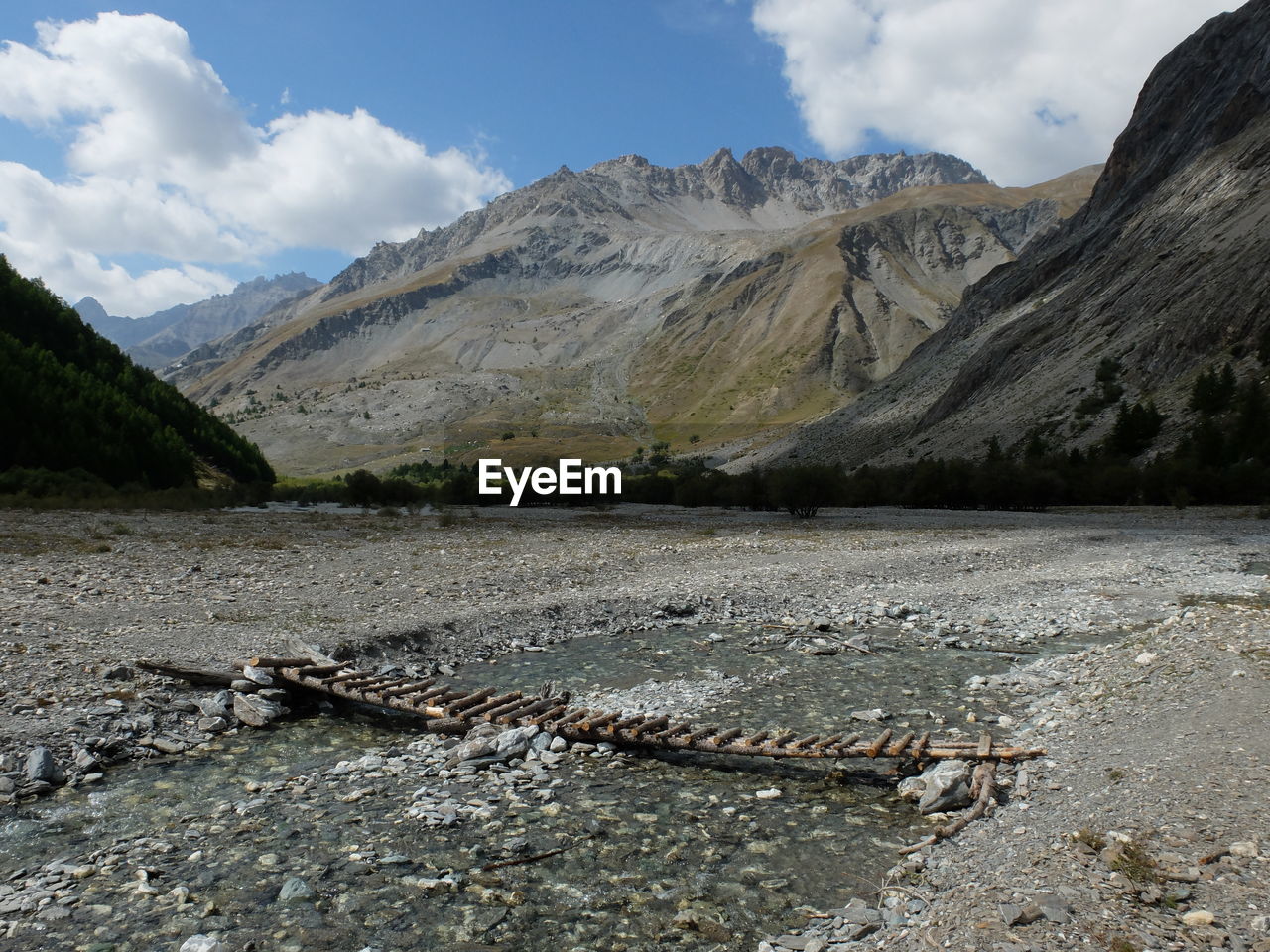 Scenic view of land and mountains against sky