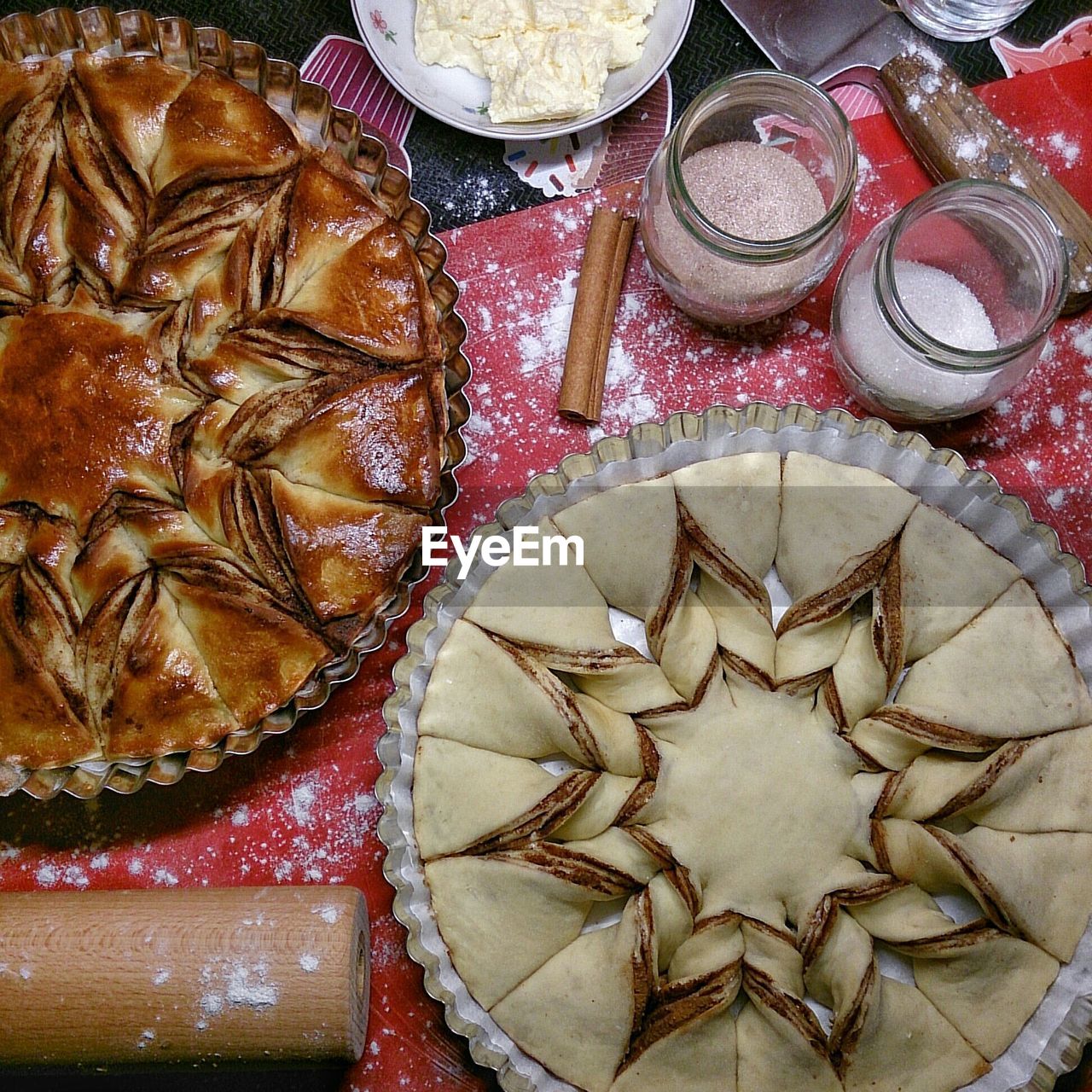 High angle view of cinnamon rolls on table