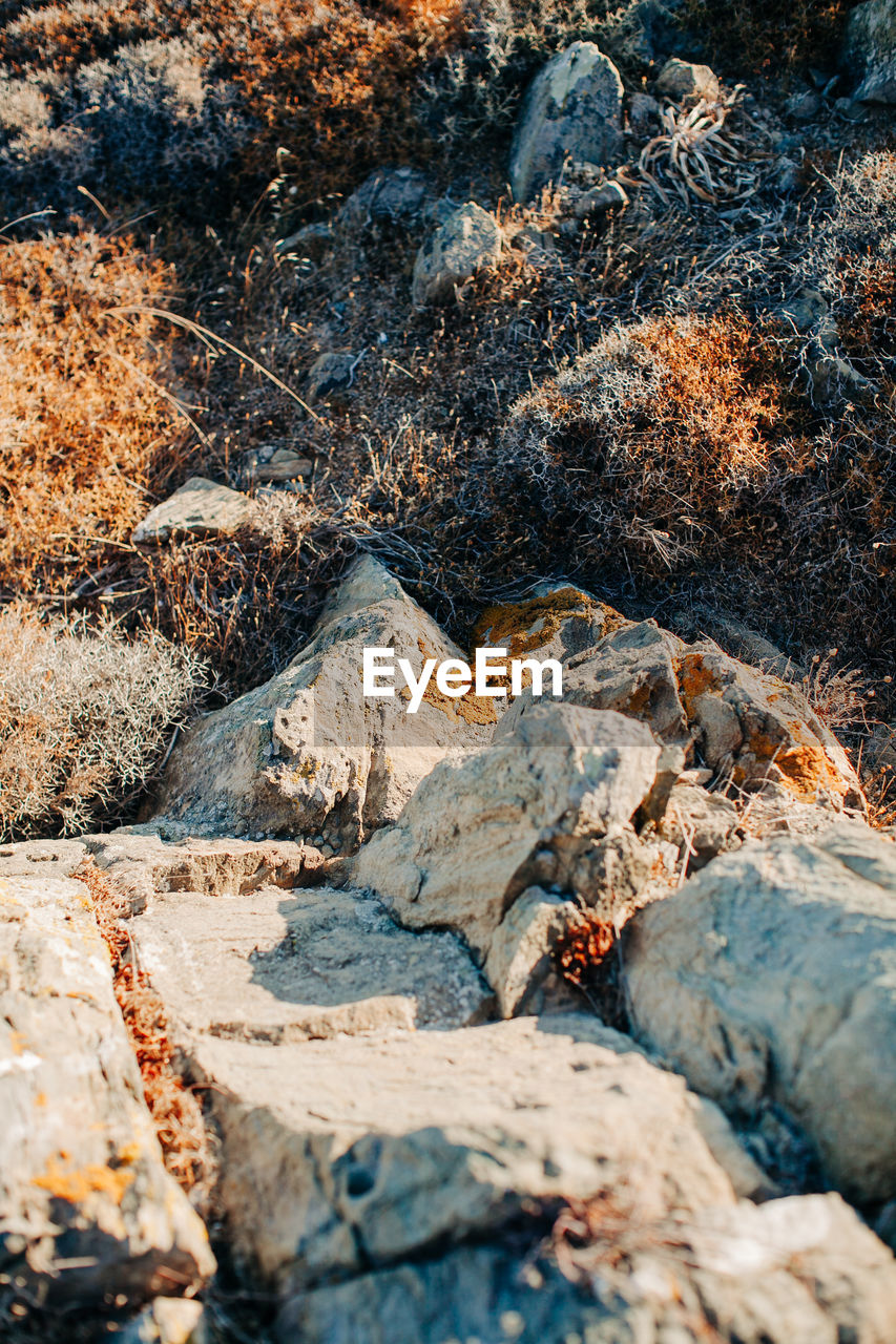 HIGH ANGLE VIEW OF ROCKS ON WATER