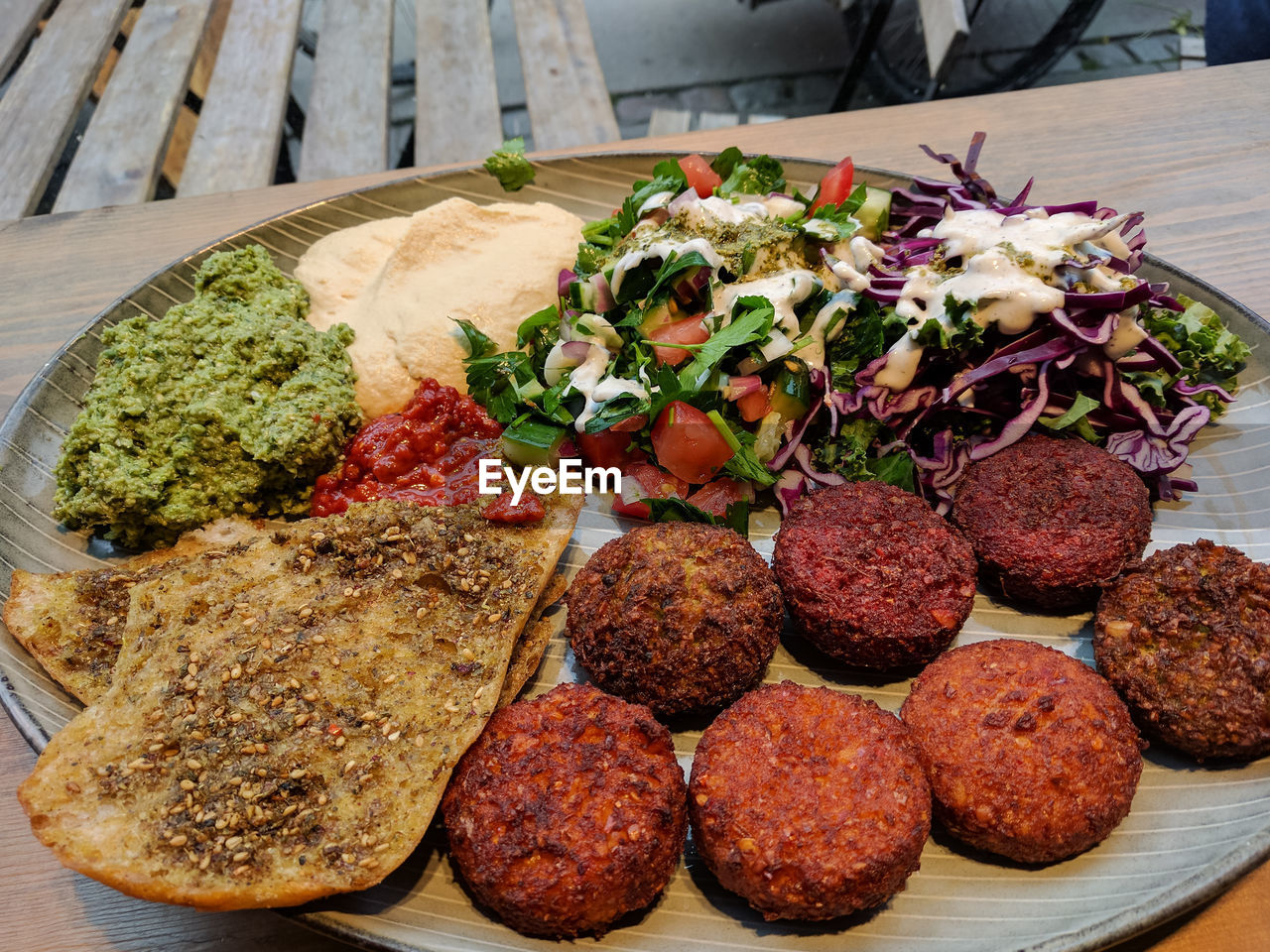 High angle view of food served in plate on table