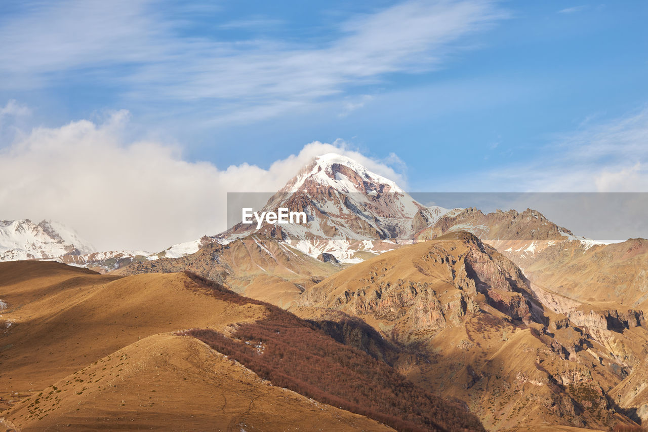 Scenic view of mount kazbek. high quality photo.