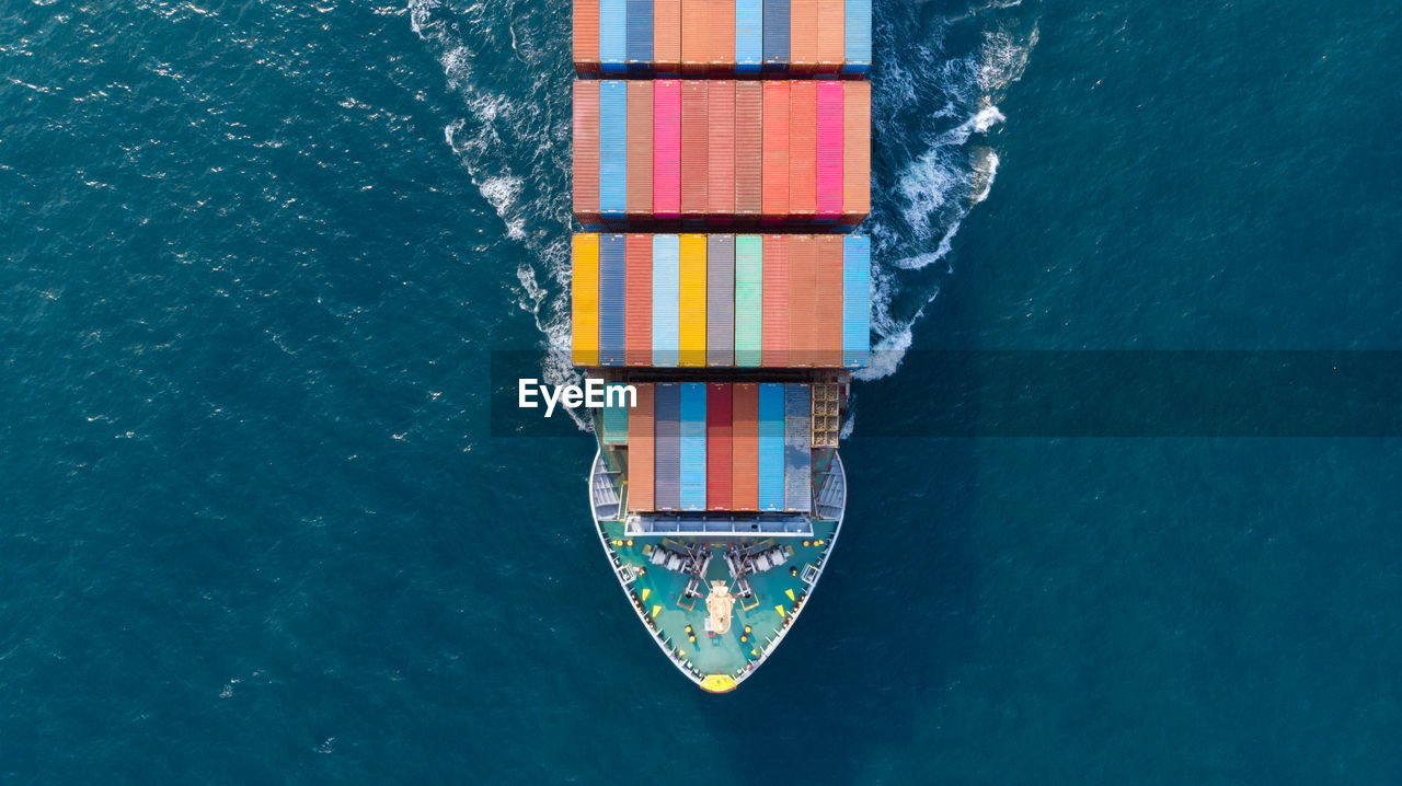 HIGH ANGLE VIEW OF SHIP IN SEA AGAINST BLUE SKY