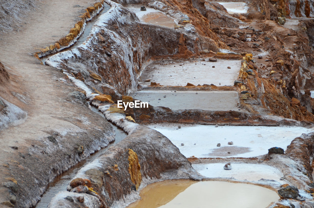 High angle view of salt terrace at maras