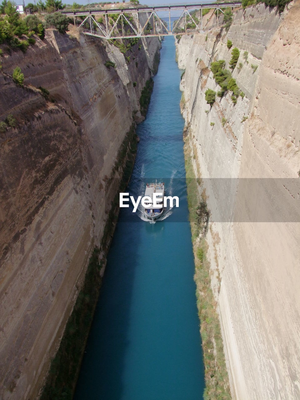 High angle view of boat at corinth canal