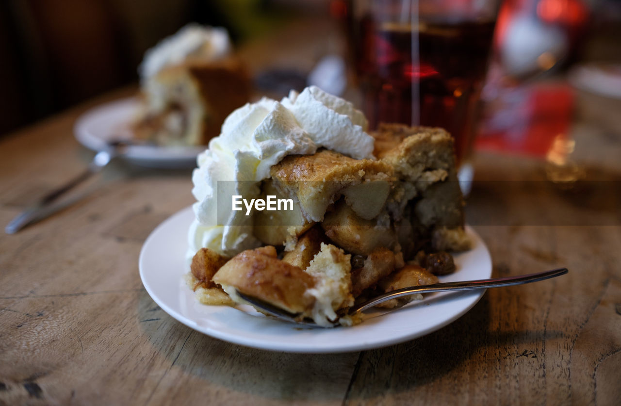 Close-up of dessert served on table