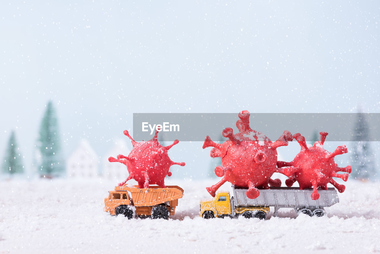 RED CHRISTMAS DECORATION ON SNOW COVERED LAND