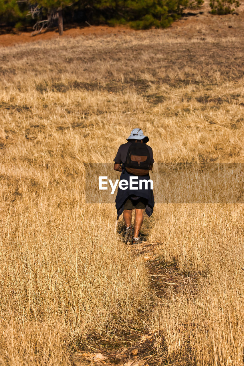 FULL LENGTH REAR VIEW OF MAN WALKING ON FIELD