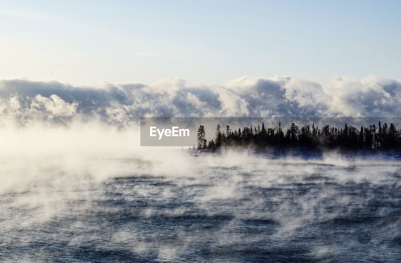 Fog rolling across water with pine trees in the distance ethereal scene