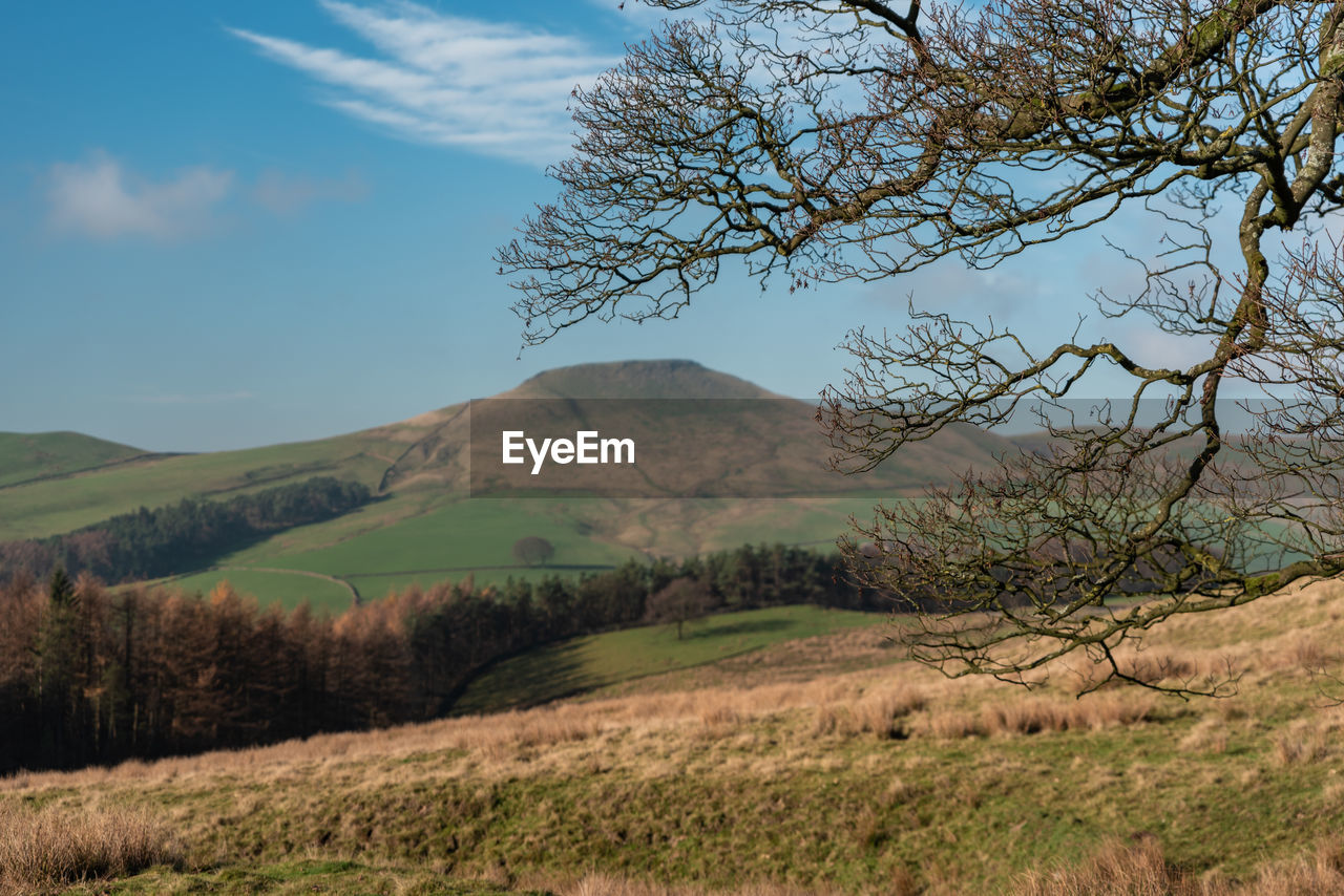 View to a distant shutlingsloe hill in cheshire, peak district national park.