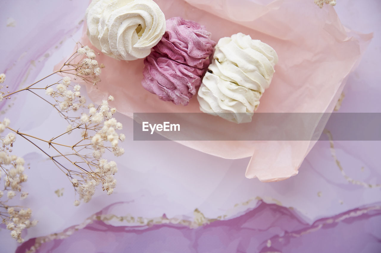 Feminine background, pink and white marshmallow with decoration of gypsophila close up. cozy winter