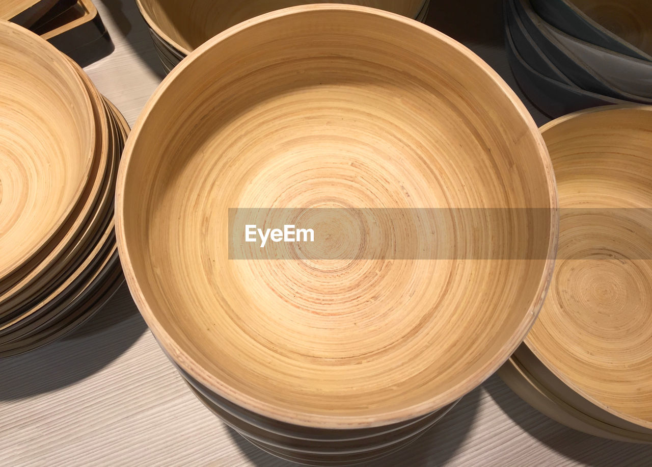 Stacked wooden bowls viewed from top