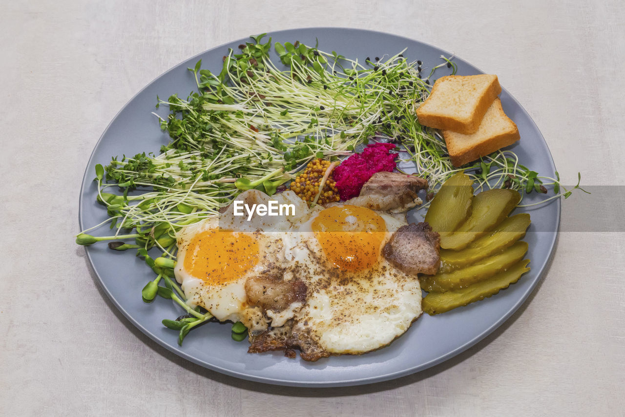 high angle view of food served in plate on table