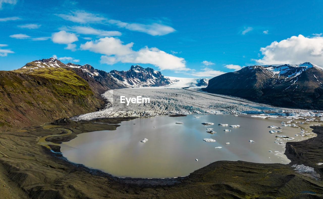 Aerial panoramic view of the skaftafell glacier, iceland