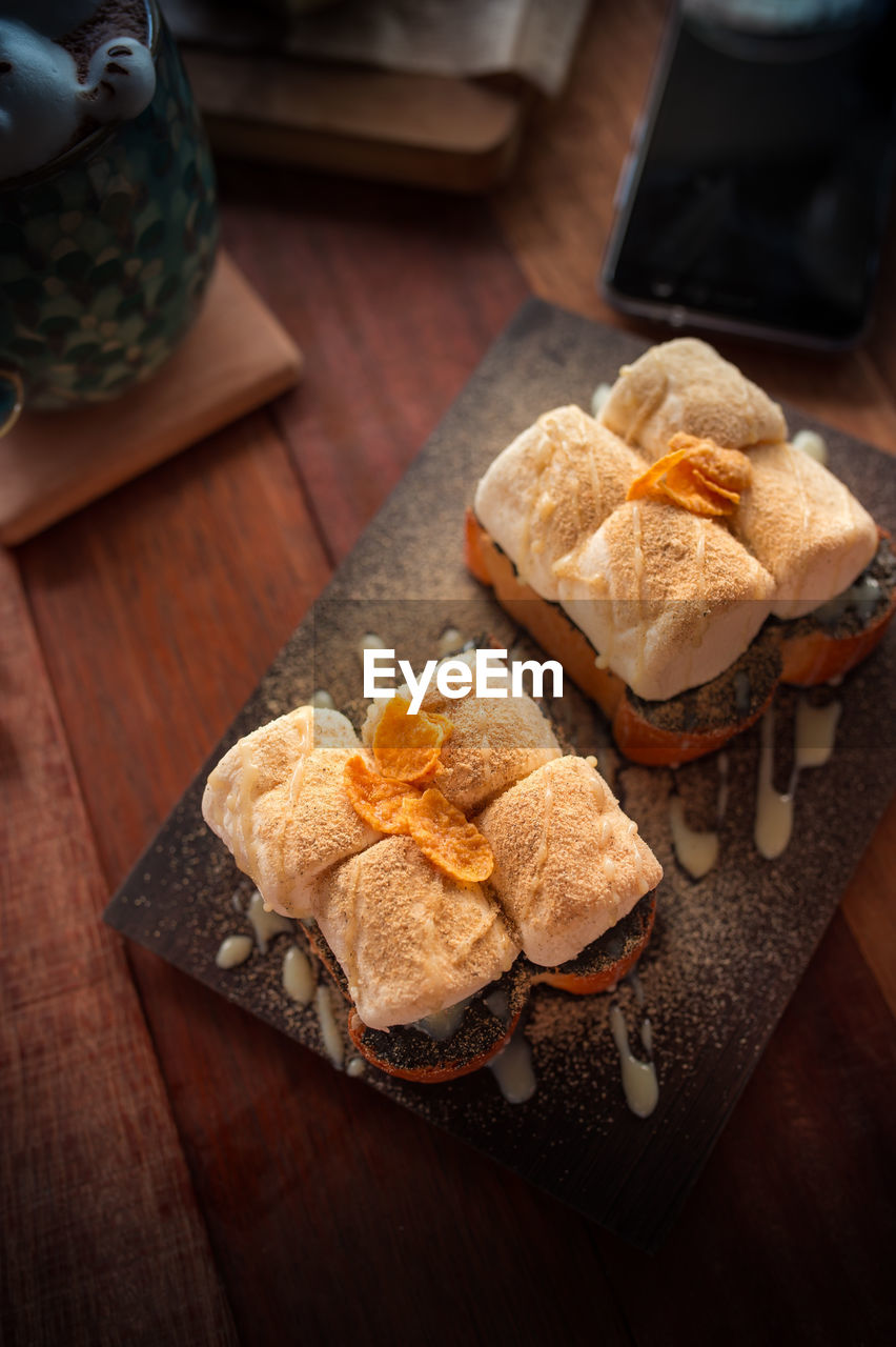 High angle view of dessert on table