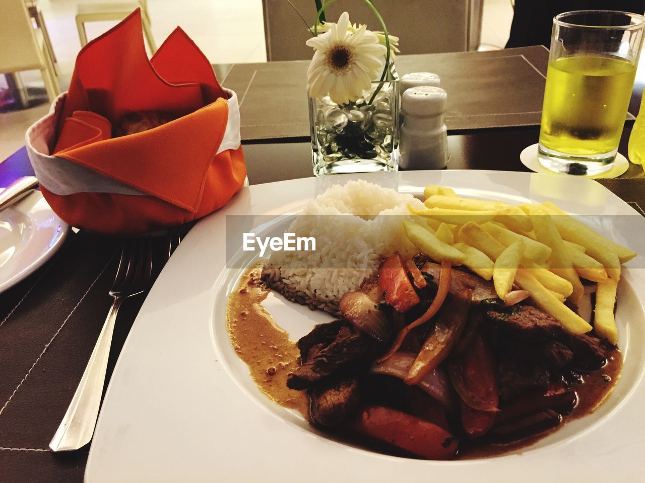 High angle view of food served in plate on table