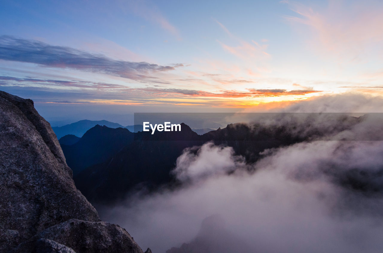 PANORAMIC VIEW OF MOUNTAINS AGAINST SKY DURING SUNSET