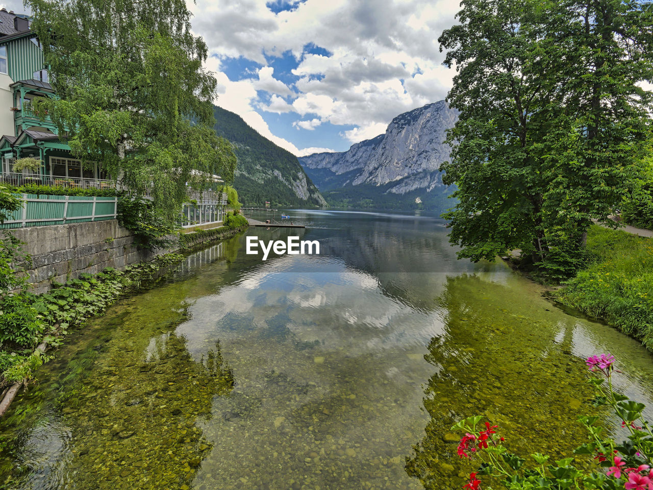 Scenic view of lake by trees against sky