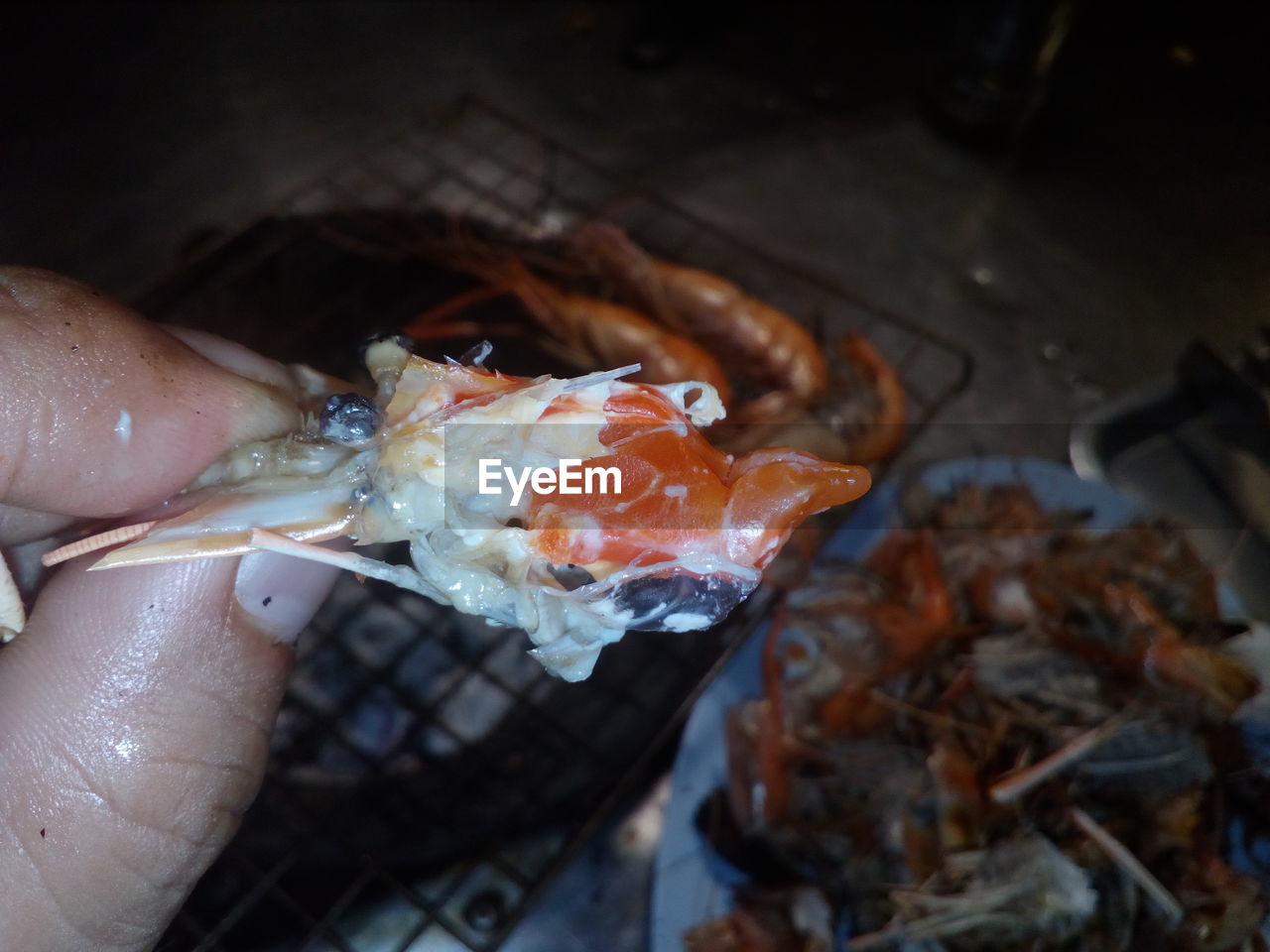 HIGH ANGLE VIEW OF HAND HOLDING FISH ON TRAY