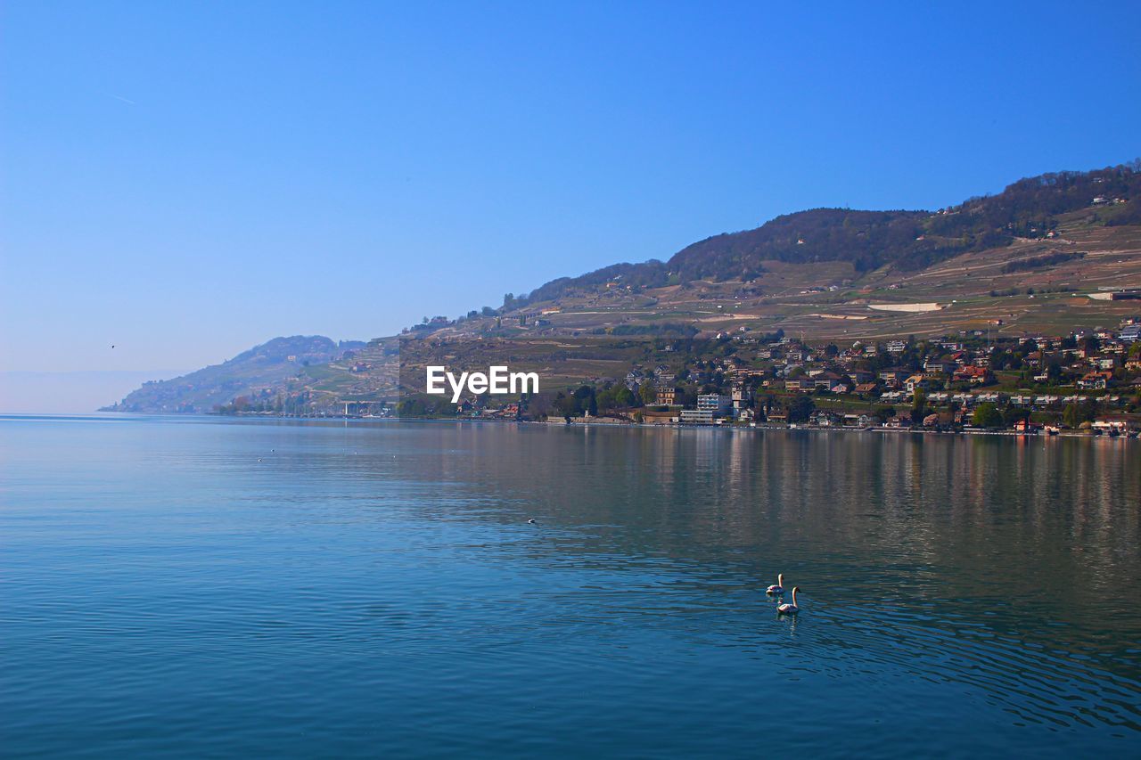 Scenic view of lake against blue sky