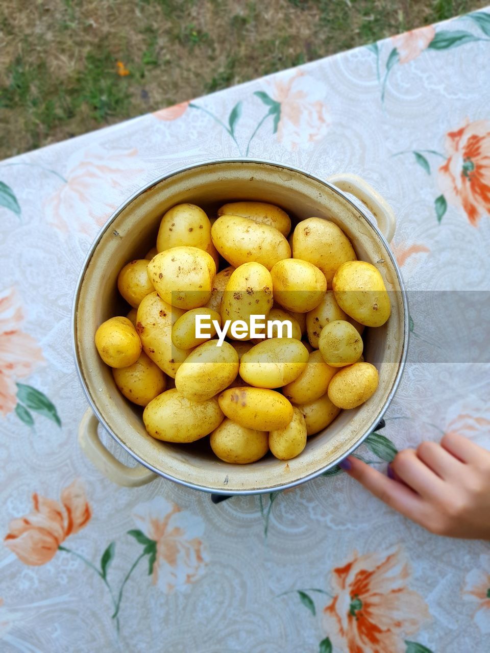 Cropped hand touching bowl of boiled potatoes on table
