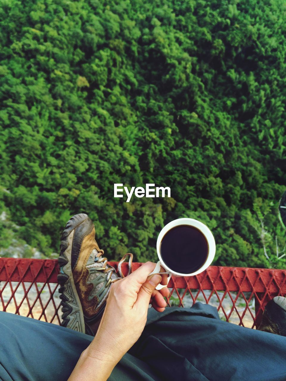 Low section of man holding coffee cup while sitting over trees