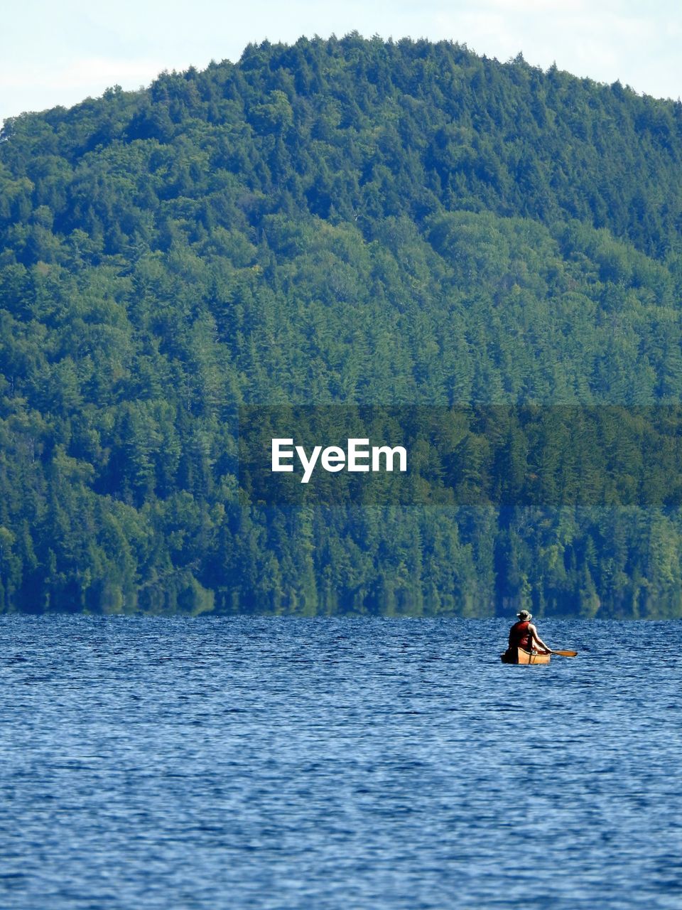 Man on boat in lake against trees