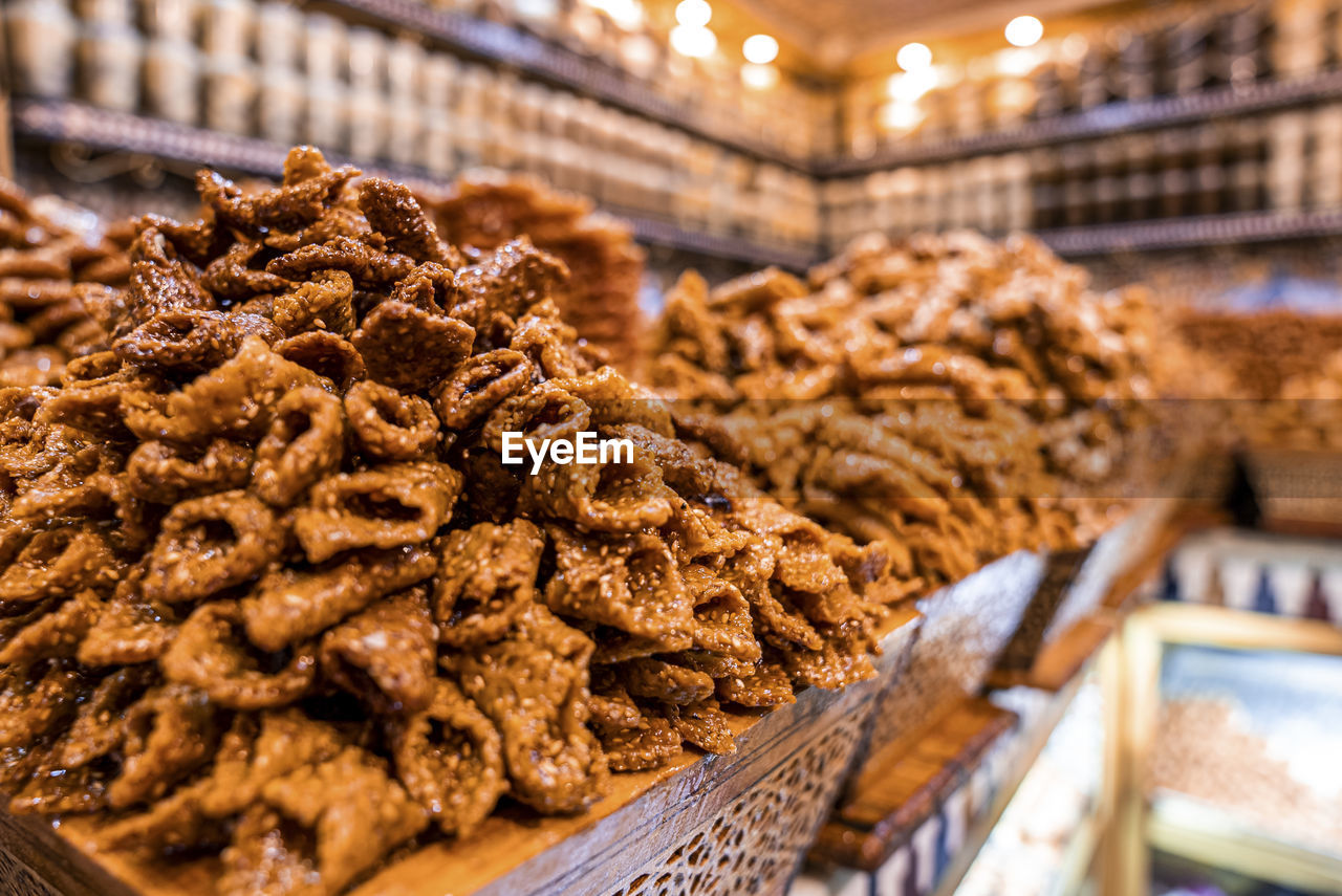 Traditional moroccan sweets on sale at a street food stall or market