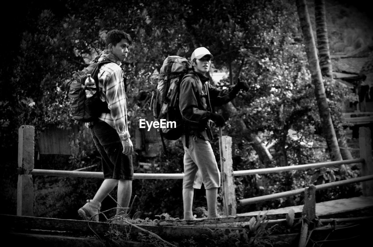 Side view of backpackers walking on footbridge in forest