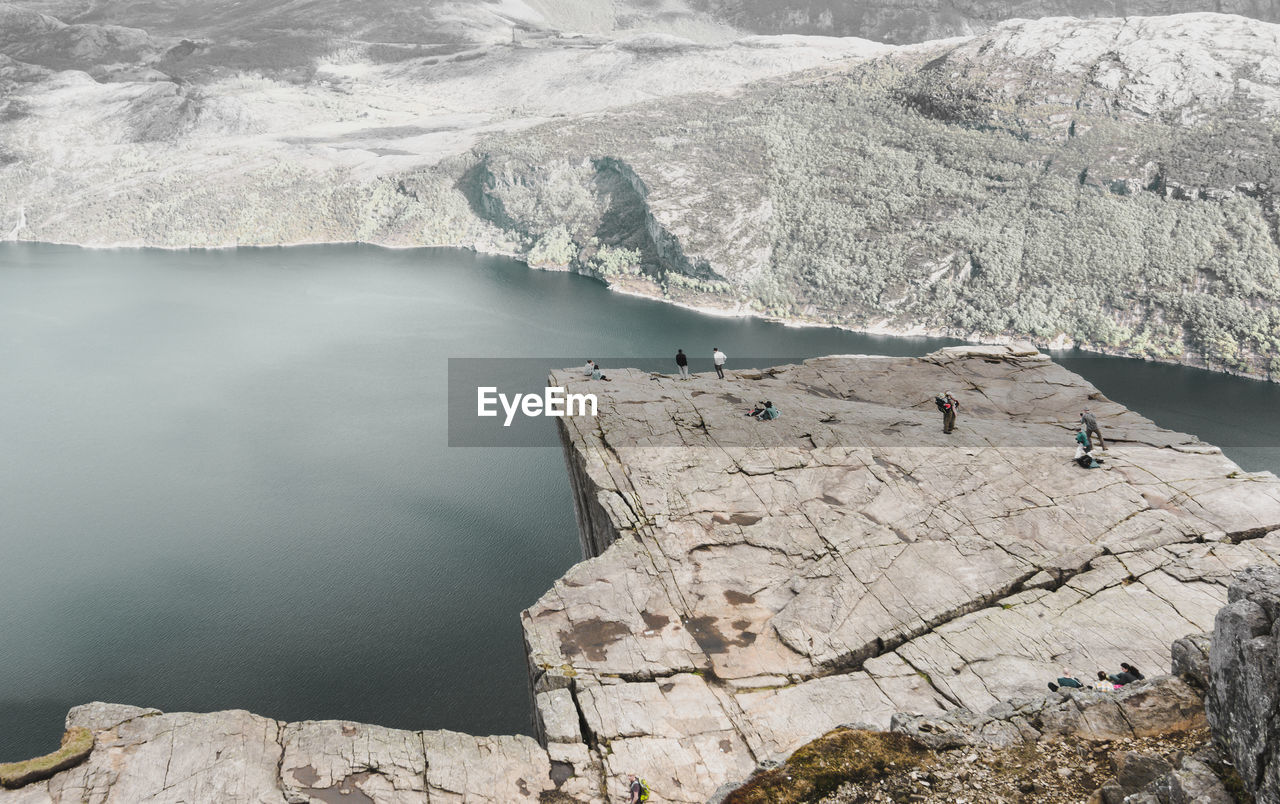 High angle view of lake by mountain