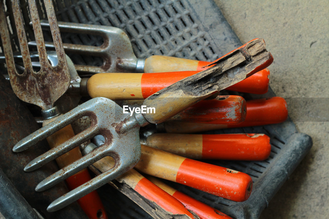 High angle view of damaged forks