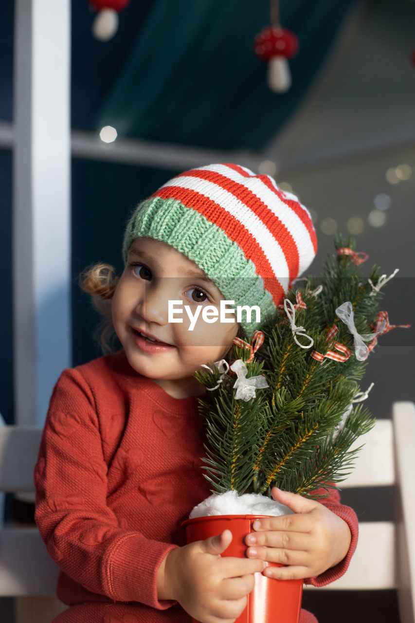 Portrait of cute girl holding christmas tree in pot