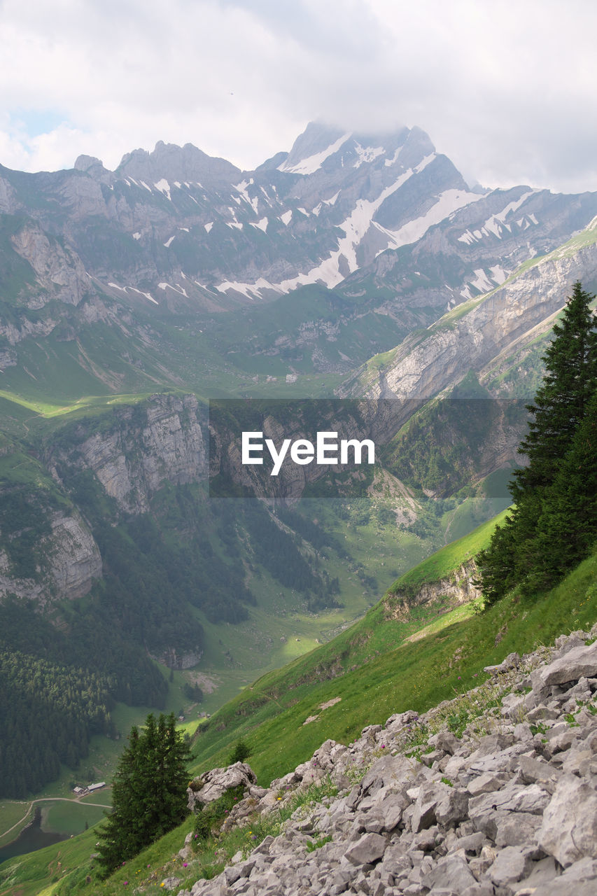 HIGH ANGLE VIEW OF VALLEY AGAINST SKY