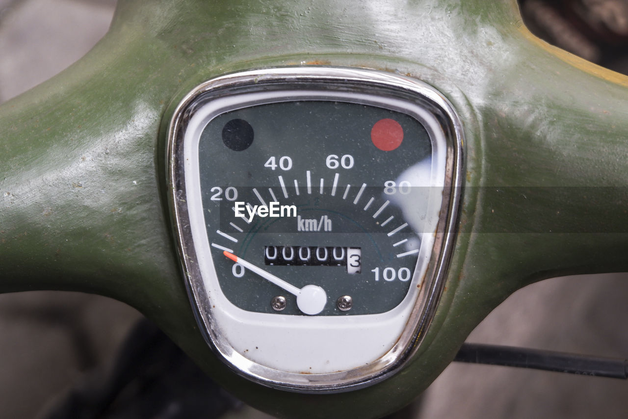 Close-up of speedometer on motor scooter