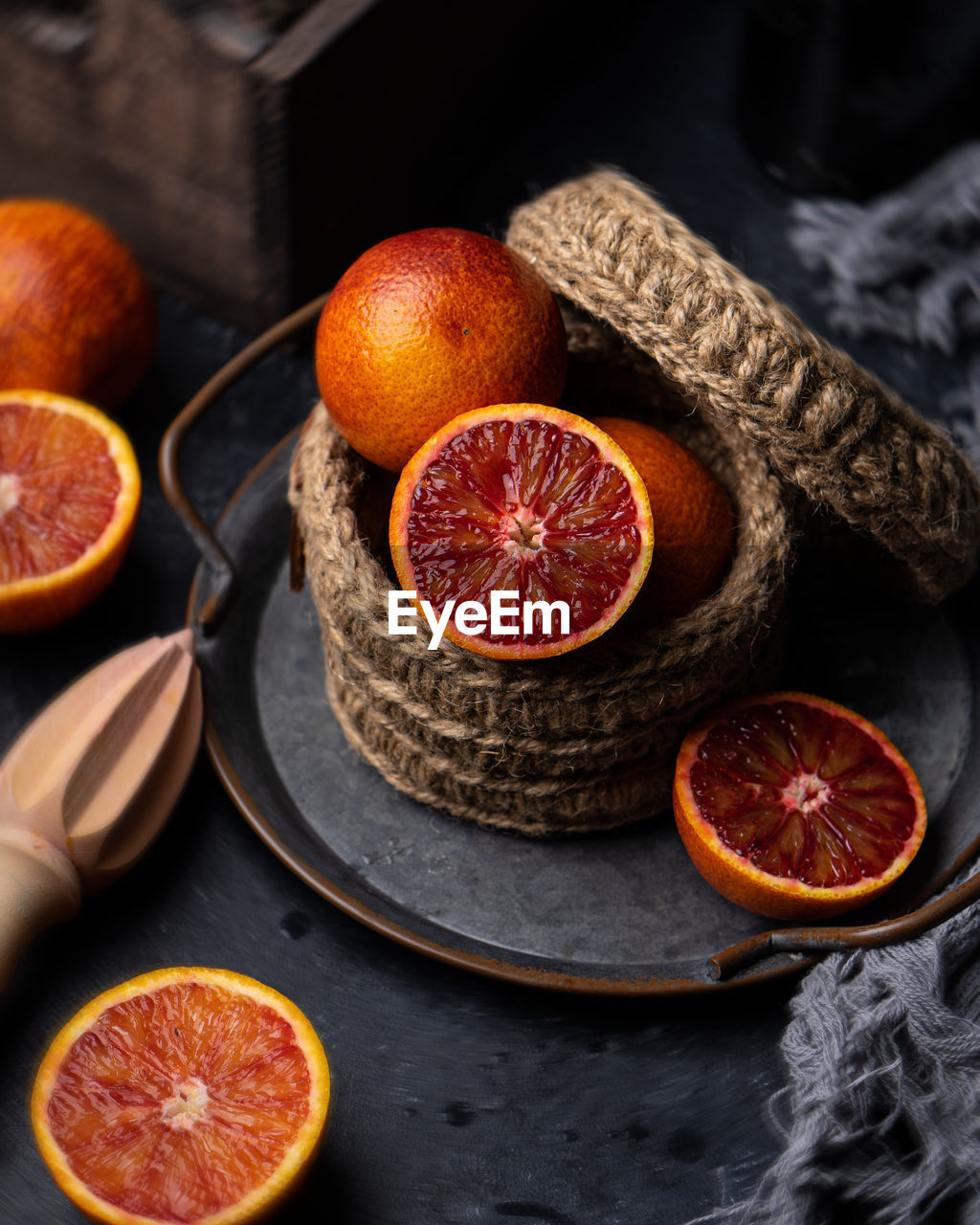 High angle view of orange fruits on table