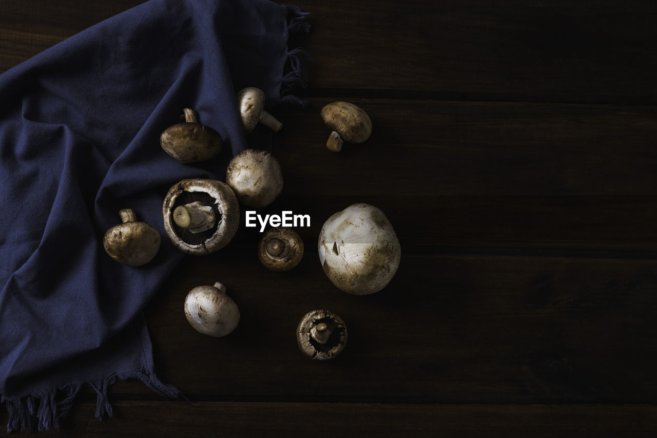 High angle view of mushrooms on table