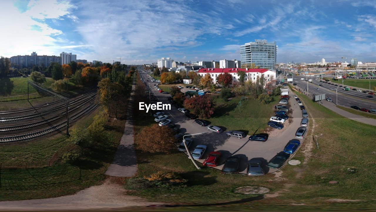 High angle view of cars on street in city