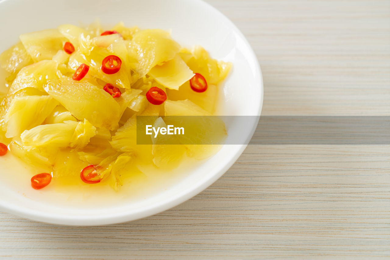 high angle view of pasta in bowl on table