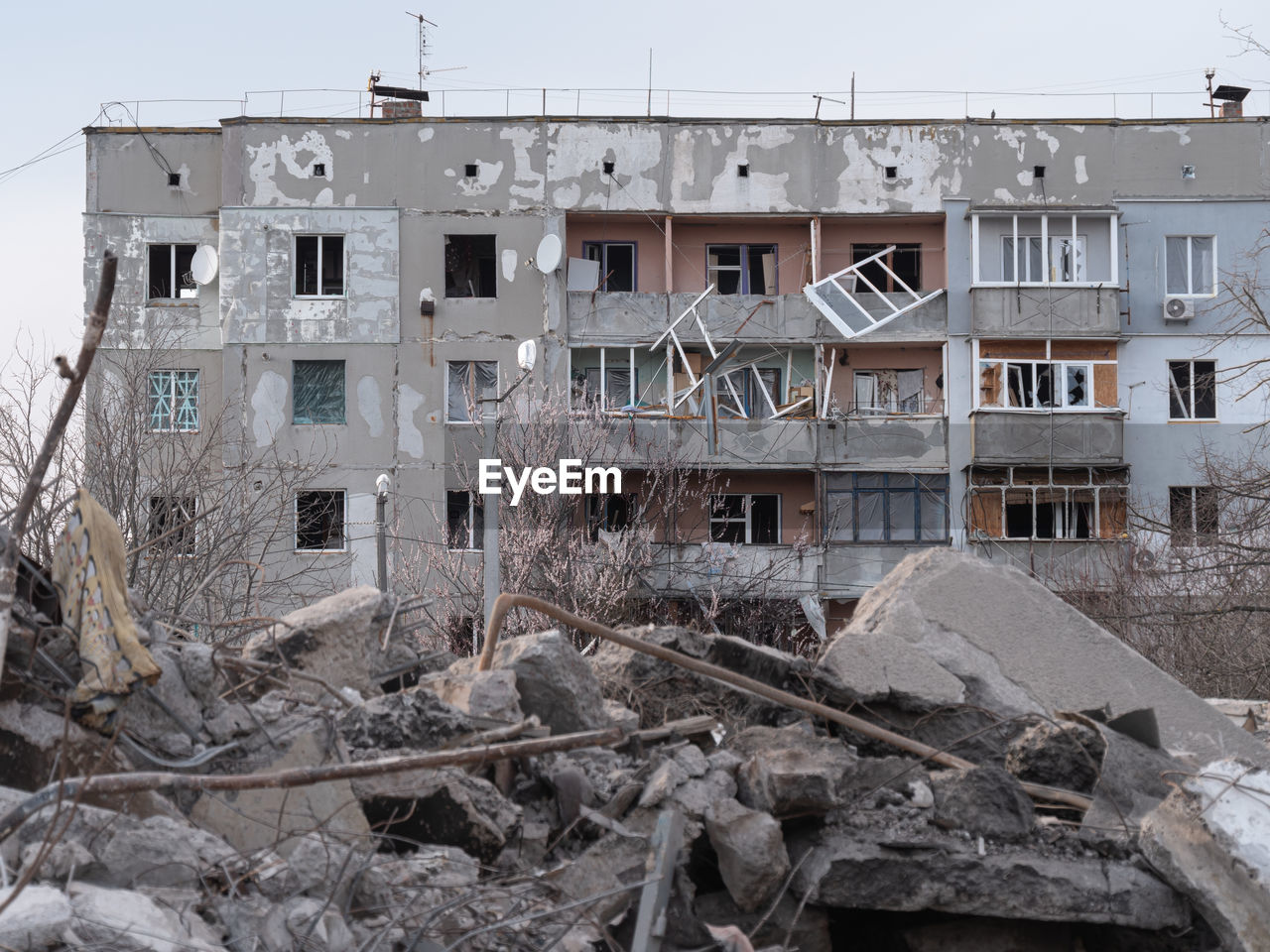 Rocket bomb attack russia against ukraine war destruction building damage borodyanka, kyiv region.